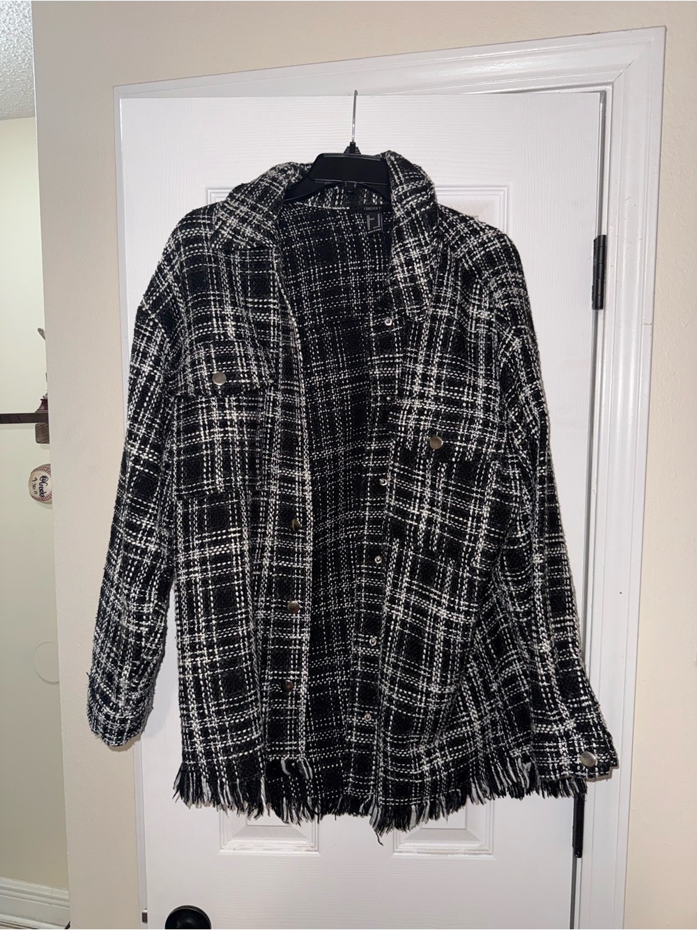 Black and White Plaid Fringe Jacket - Women's Overshirt